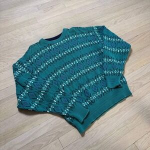 Vintage Portland Sweater Co Jantzen Mens Large Teal Geometric Fair Isle Knit USA